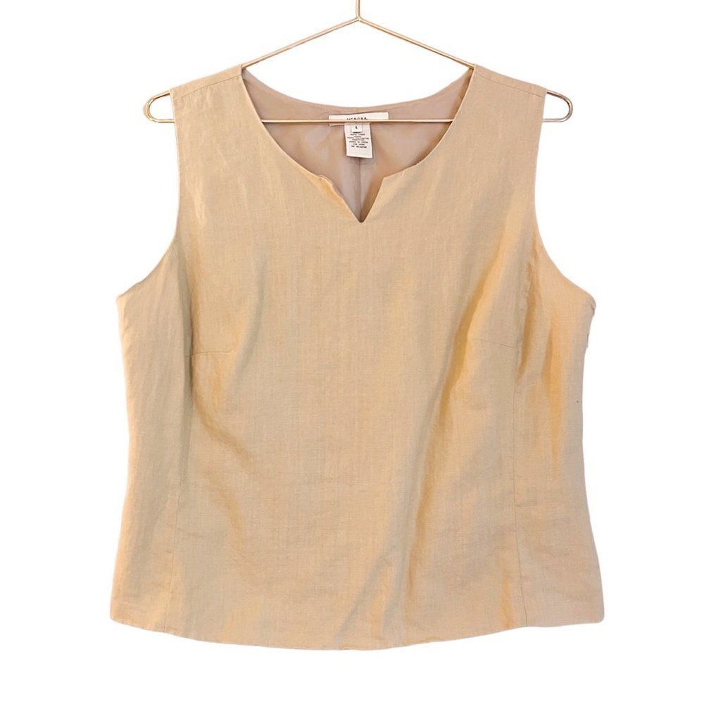 Vintage 100% Linen Lined Shell Split Neck Merona Tan Sleeveless Top